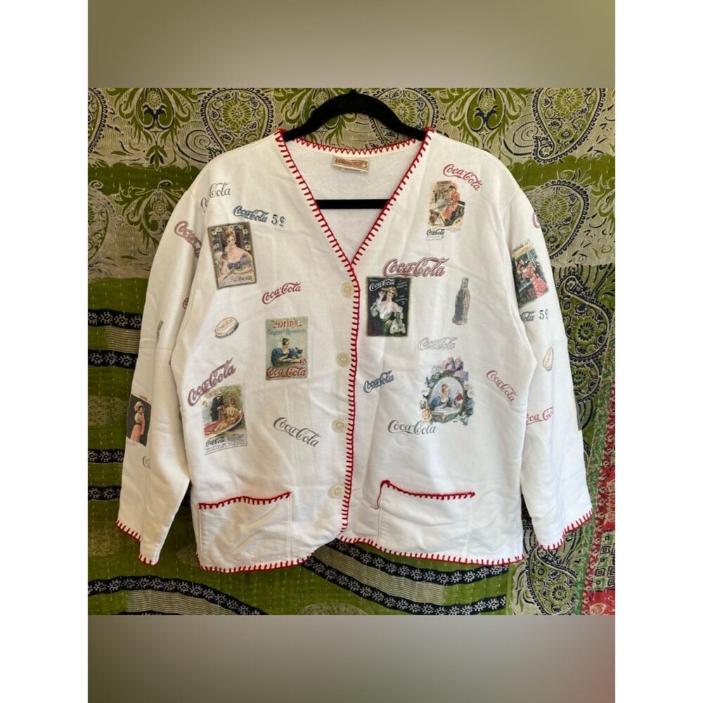 Vintage Coca-Cola x Cracker Barrel White Print Cardigan Sweater Size Extra Large